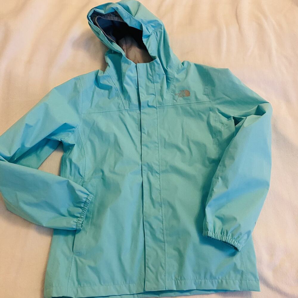 North Face Rain Jacket Windbreaker Turquoise Blue L Large 14 16 Full Zip Hood